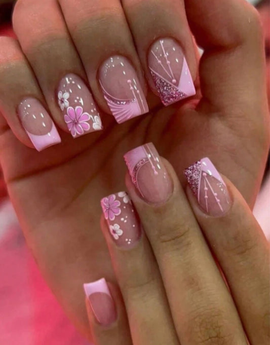 24pcs pink fresh floral press on nails