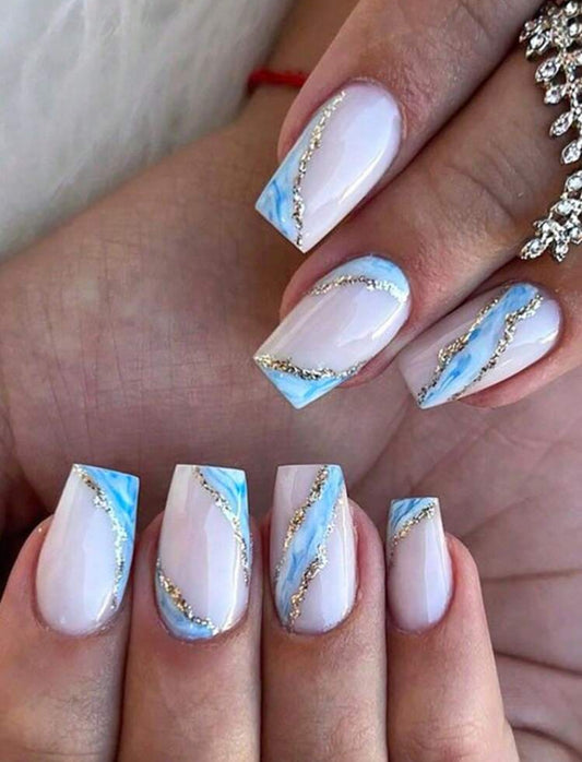 24pcs short coffin shaped marble effect press on nails