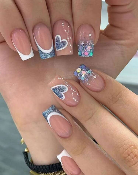 24pcs blue sequin heart press on nails
