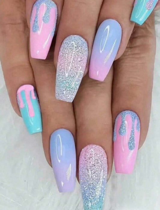24pcs sparkle pastel colour press on nails